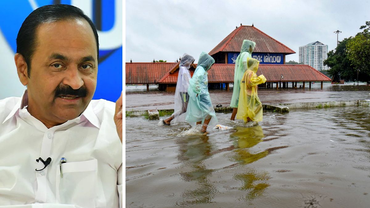 Kerala Chief Minister V D Satheesan. (Right) Children cover themselves as they move on a waterlogged road following rainfall, near Sree Mahadeva Temple, in Kochi | PTI 