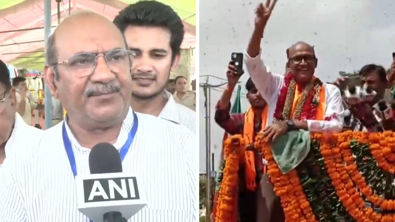 Congress's Ghanshyam Singh speaks to media after Datia victory in Madhya Pradesh and BJP's Satish Patel celebrates after retaining Manjalpur seat in Gujarat | ANI