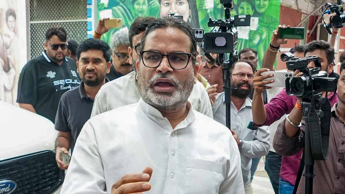 Bankipur by-election candidate and Jan Suraj chief Prashant Kishor arrives at the state Election Commission office, in Patna | PTI