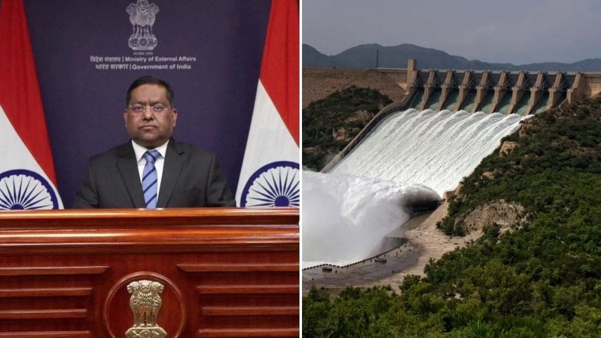 Ministry of External Affairs spokesperson Randhir Jaiswal (L) and a representative image of a dam (R) | YouTube, PTI