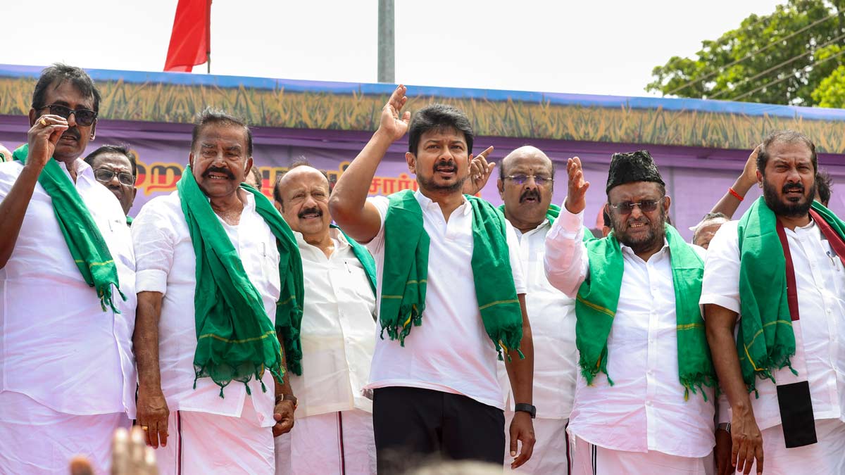 DMK youth wing secretary Udhayanidhi Stalin, centre, along with leaders of partys alliance partners as they stage a protest against the Mekedatu Dam construction project, in Thanjavur | PTI
