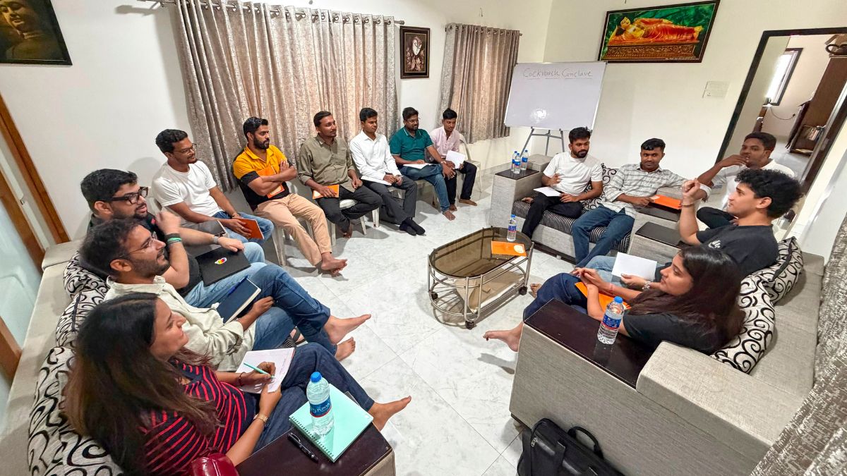 Cockroach Janta Party (CJP) founder Abhijeet Dipke, its spokespersons Saurav Das and Abhijeet Ranka, team member Ratna Singh and others during their core team meeting, in Chhatrapati Sambhajinagar district, Maharashtra | PTI