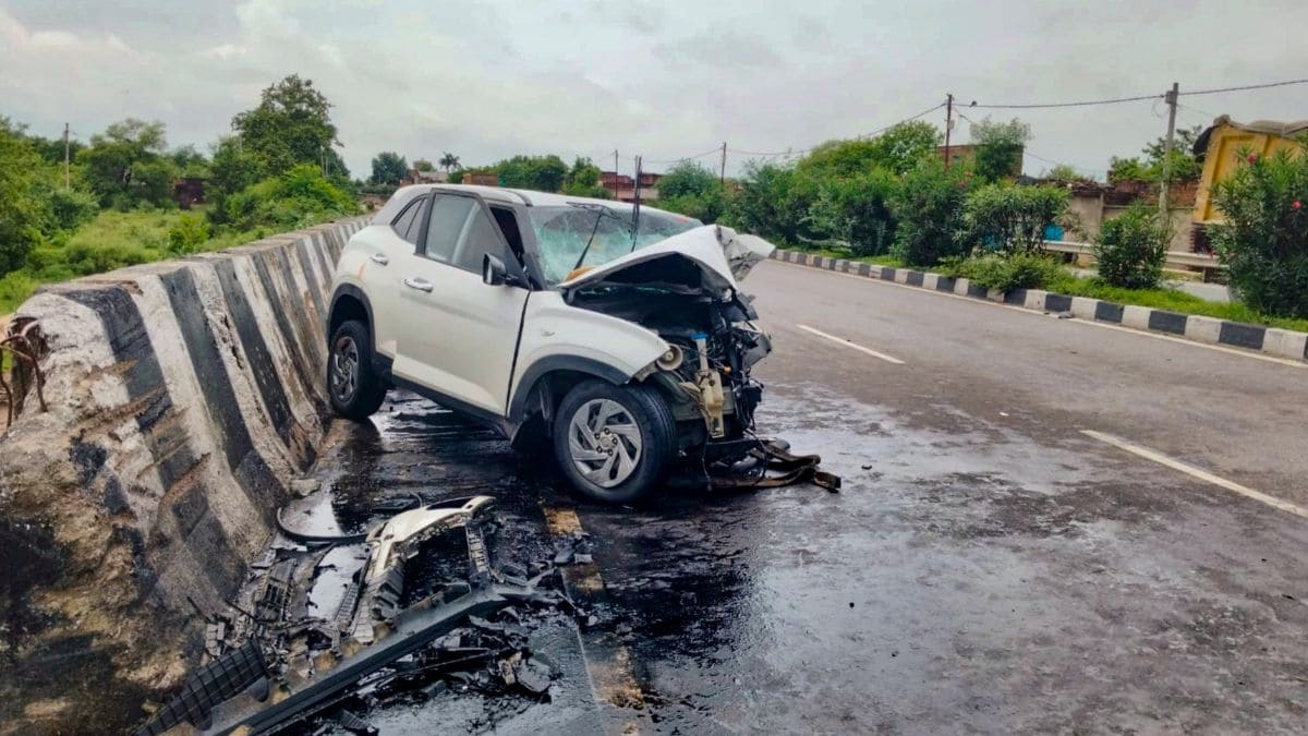 Wreckage of a car after it crashed into a divider, in Jhansi, Uttar Pradesh on Thursday | PTI