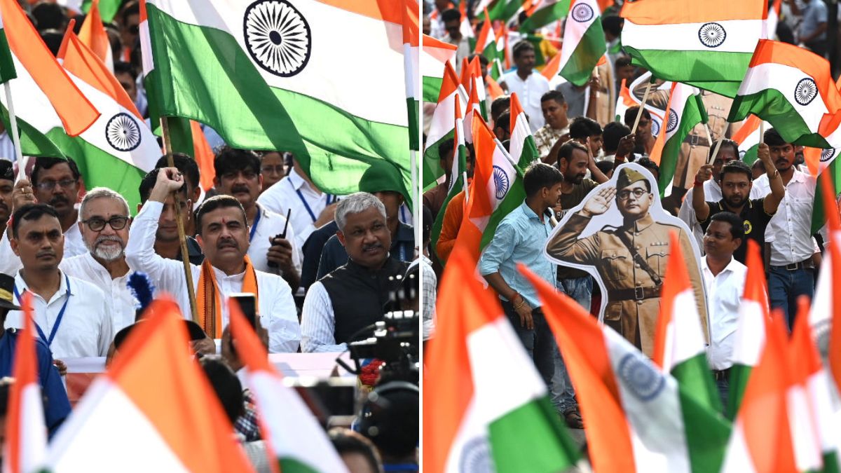 Visuals showing the CM Suvendu Adhikari-led 'Har Ghar Tiranga' rally in West Bengal's Bhabanipur | Salil Bera