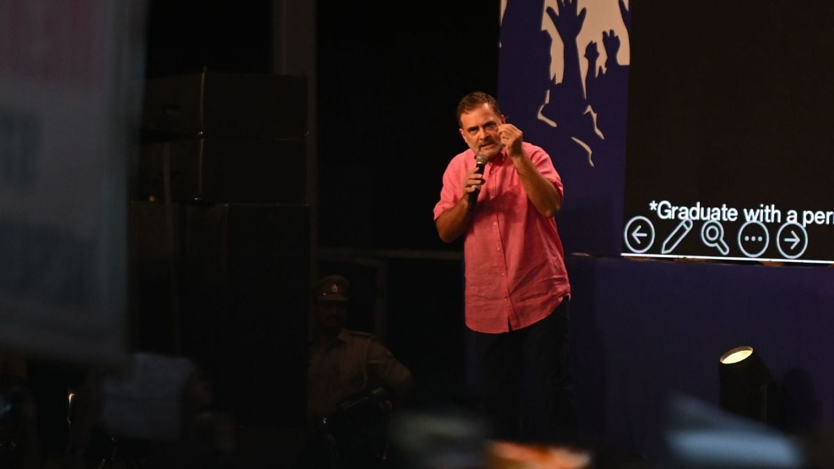 Congress leader and Lok Sabha Opposition leader Rahul Gandhi speaks at the latest edition of his outreach event, Chhatron Ki Goonj, at KP Ground in Uttar Pradesh's Prayagraj on August 8, 2026 | Kritajna Naik