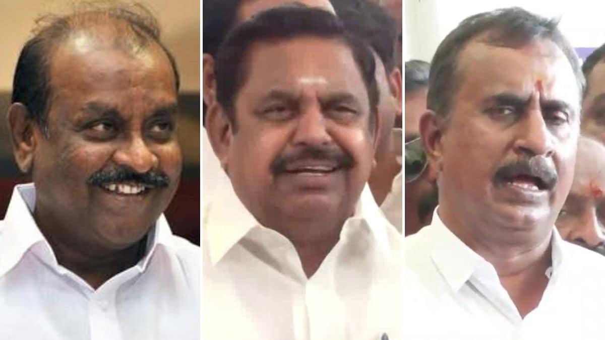 Former ministers Natham Viswanathan (L) and S.P. Velumani (R); AIADMK chief Edappadi K. Palaniswami (centre) | ANI, X