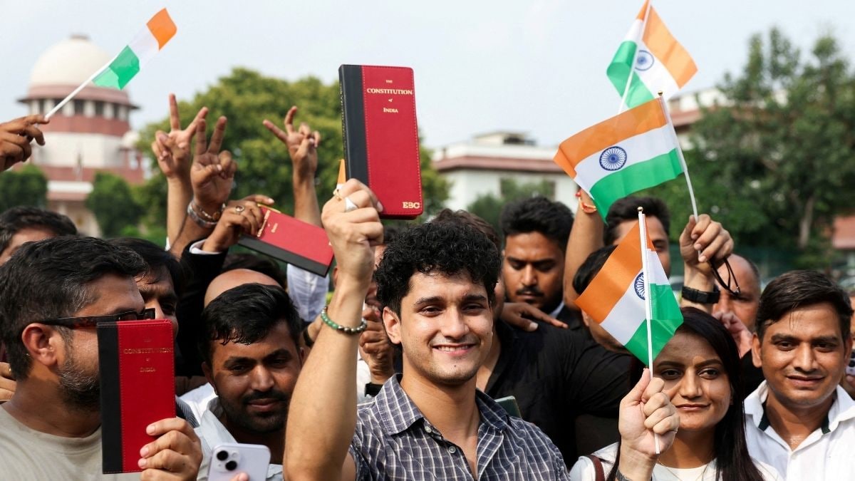 Cockroach Janta Party (CJP) spokesperson Saurav Das gestures before he speaks with the media inside the Supreme Court premises in New Delhi on September 1 | Reuters