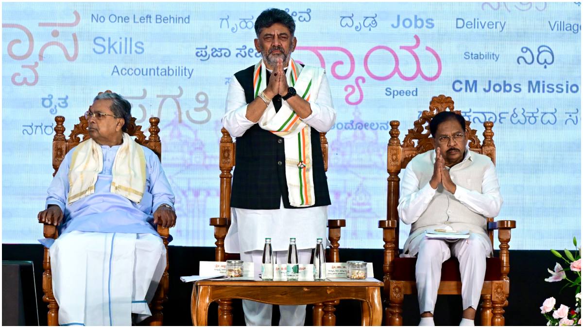 Karnataka Chief Minister D.K. Shivakumar former chief minister Siddaramaiah, Deputy Chief Minister G Parameshwara at an event to mark Shivakuma’r 100 days in office | hanu Prakash Chandra