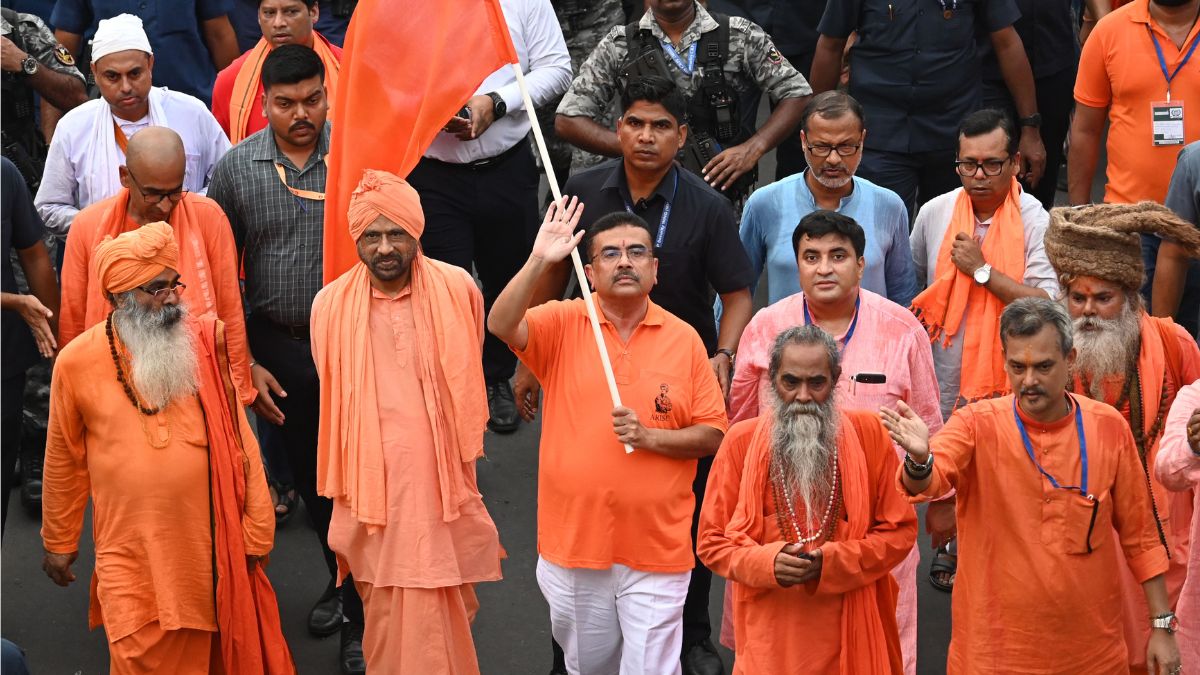 West Bengal Chief Minister Suvendu Adhikari during the Gerua Samman Yatra on Wednesday | Salil Bera