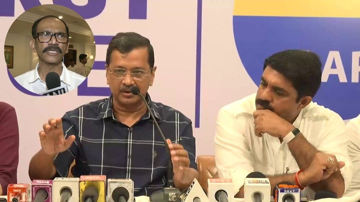 Aam Aadmi Party supremo Arvind Kejriwal (L) with Goa Forward Party chief Vijai Sardesai (R); (inset) Goa Congress chief Girish Chodankar | ANI, X