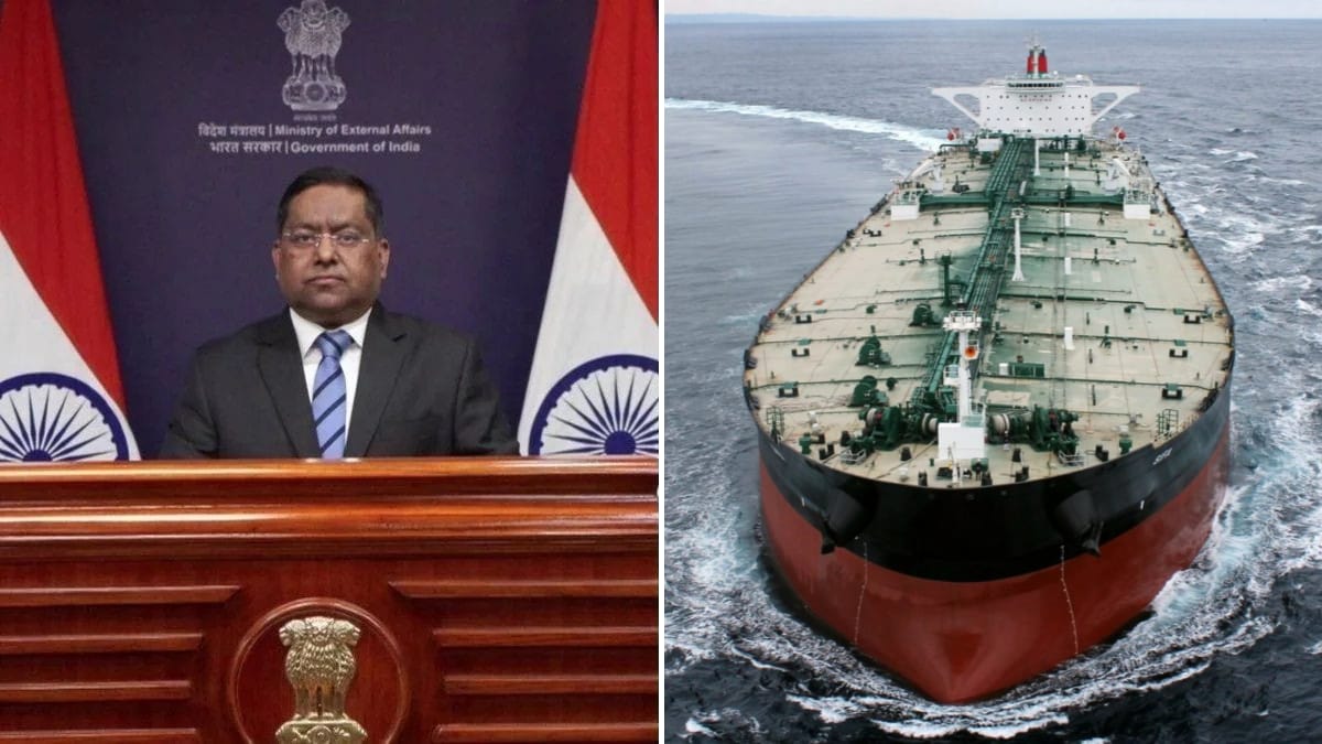 Ministry of External Affairs spokesperson Randhir Jaiswal (L) and a representative image of a tanker (R) | YouTube, SNP