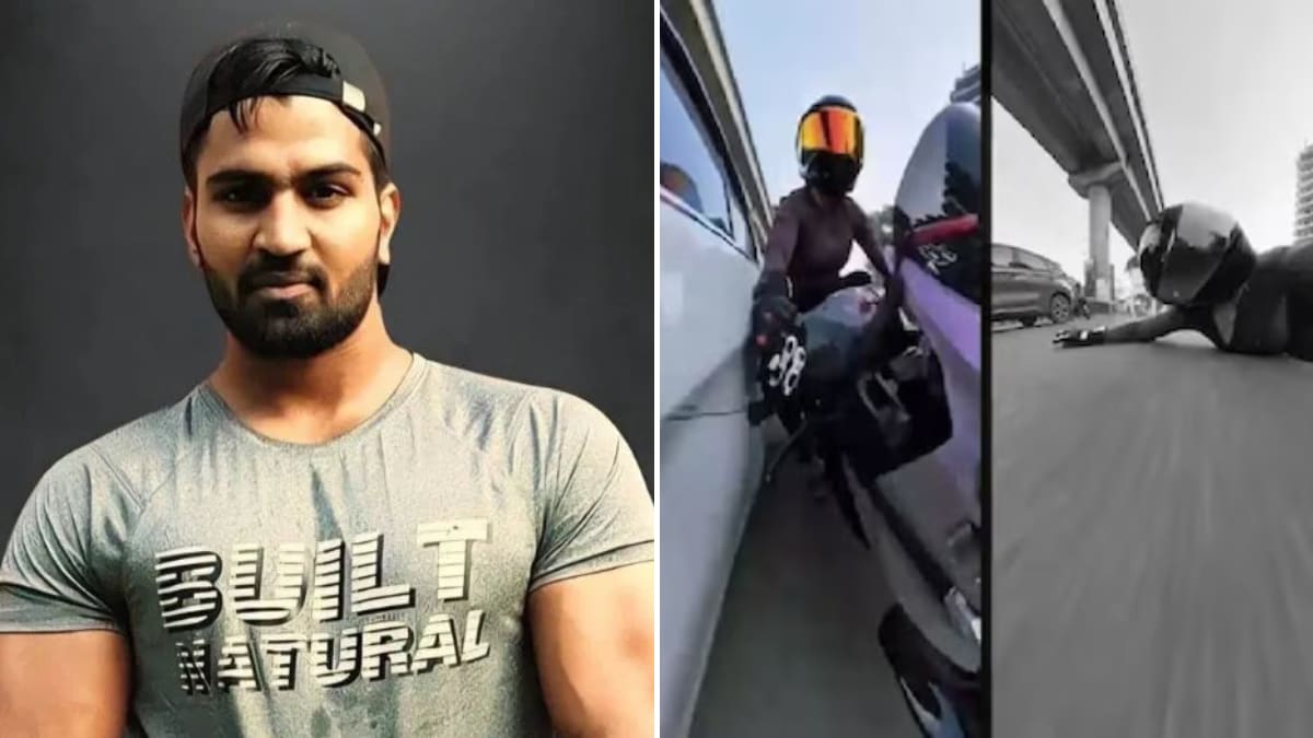The accused in the September 13 Gurugram hit-and-run case, Kalyan Bainsla (L), and visuals from a viral video showing the sedan he had been driving hit Sia, the woman biker (R) | X