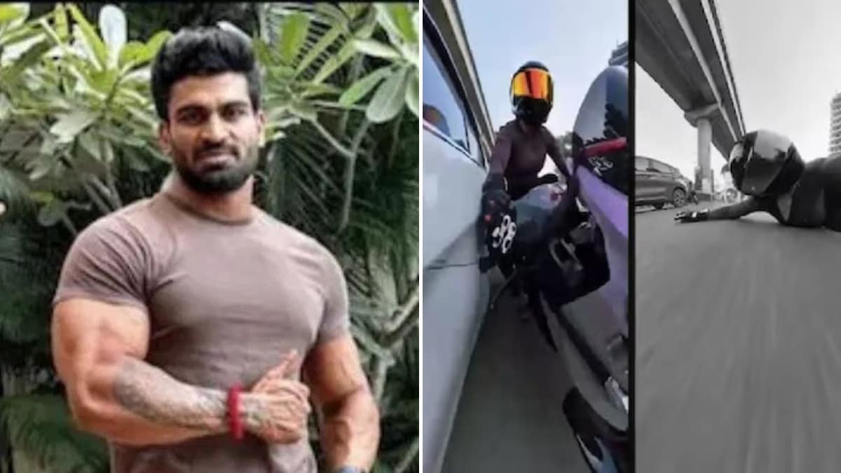 The accused in the September 13 Gurugram hit-and-run case, Kalyan Bainsla (L), and visuals from a viral video showing the sedan he had been driving hit Sia, the woman biker (R) | X