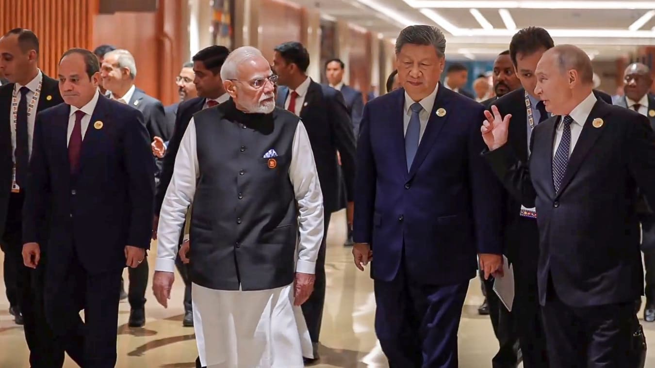 Prime Minister Narendra Modi interacts with Russian President Vladimir Putin and Chinese President Xi Jinping during the 18th BRICS Summit, in New Delhi. Egyptian President Abdel Fattah el-Sisi is also seen | PTI