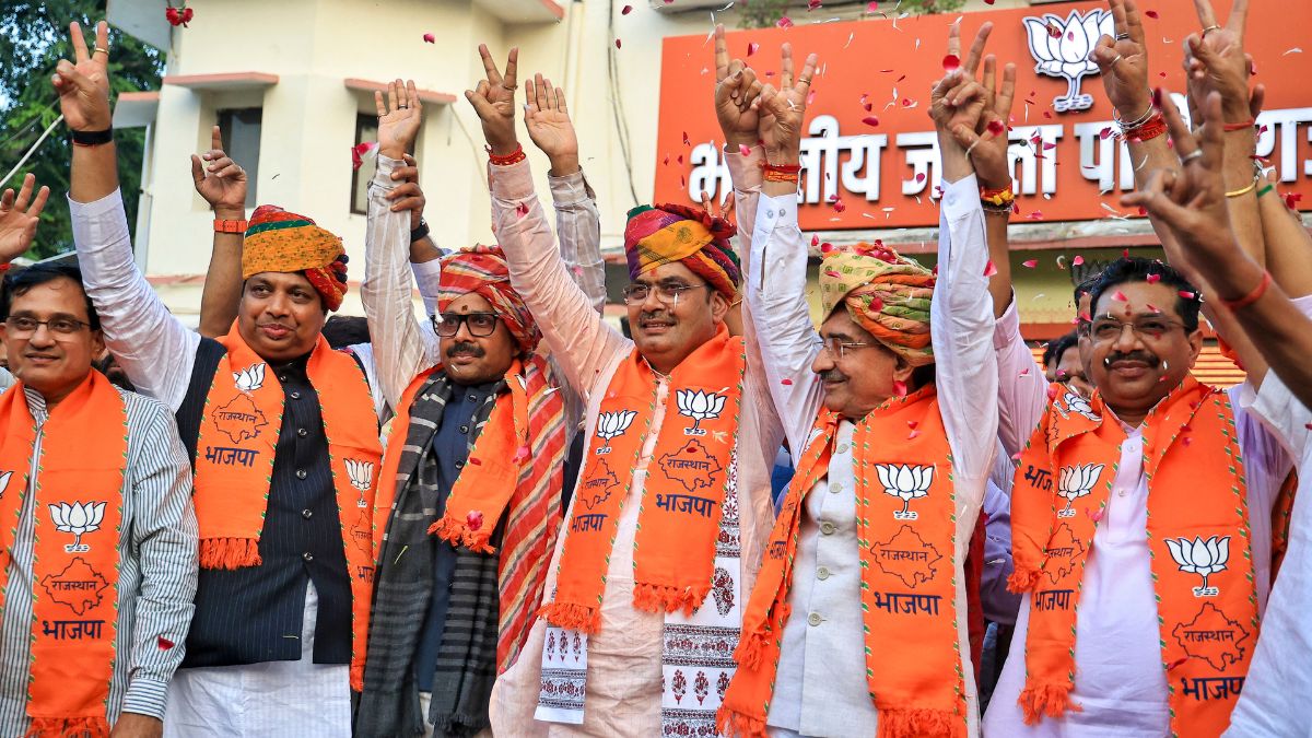 Rajasthan Chief Minister Bhajan Lal Sharma and BJP State President Madan Rathore, along with party leaders, celebrate following the ruling party's performance in the Rajasthan Urban Local Body elections | PTI 