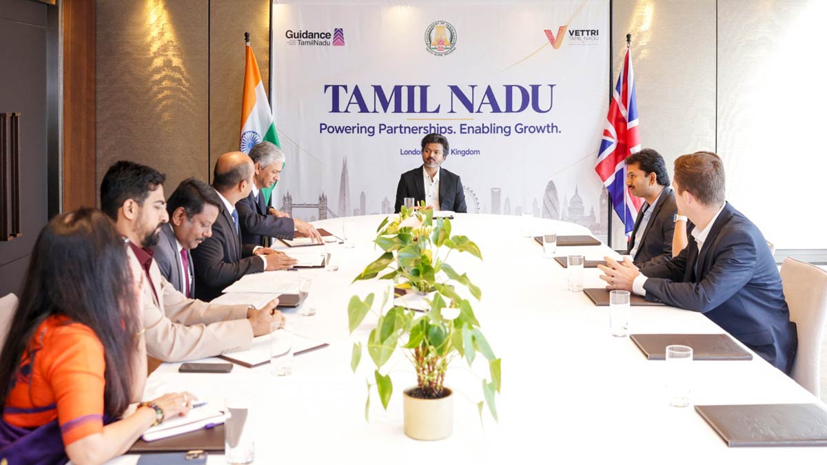 Tamil Nadu Chief Minister C Joseph Vijay, with other officials, during the signing and exchange of a Memorandum of Understanding (MoU) between Guidance Tamil Nadu and Wilson Power Solutions to set up an electrical manufacturing facility in Thiruvallur district, in London | PTI