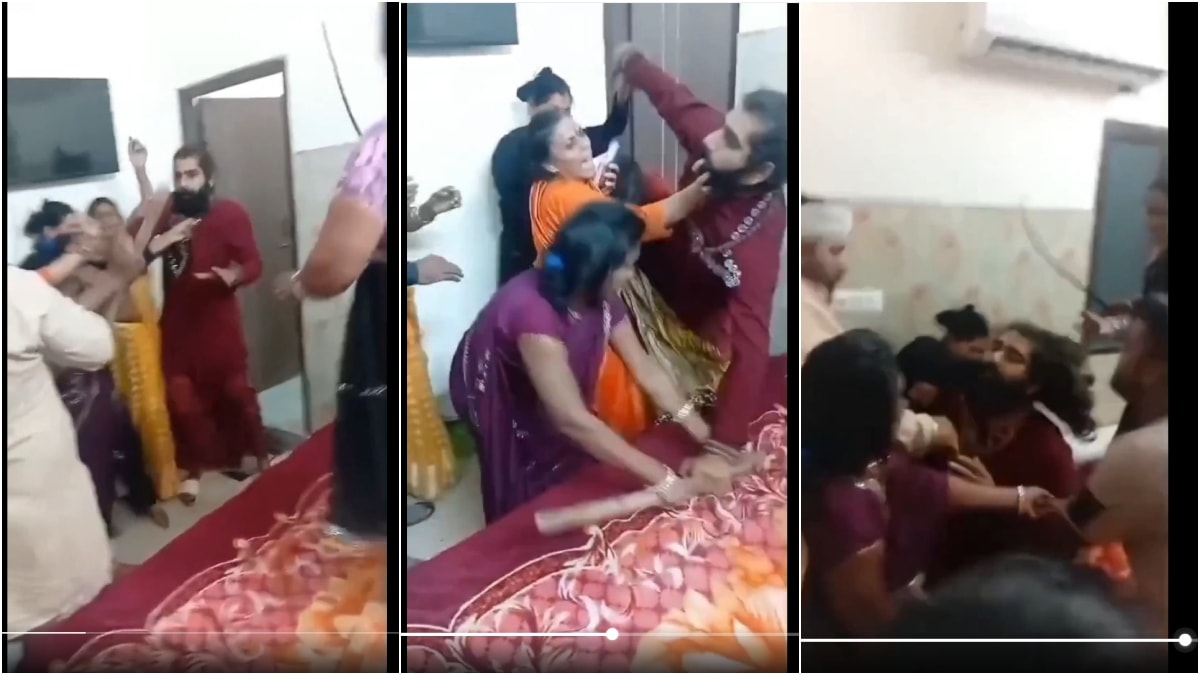 The man was badly beaten up by the women | X