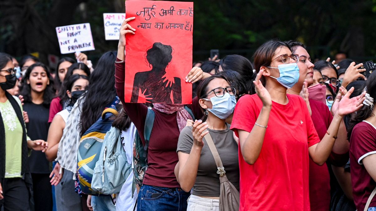 Lady Shri Ram College students hold a solidarity march demanding enhanced safety measures following the alleged gang rape of a 17-year-old girl at nearby Aastha Kunj Park | PTI 