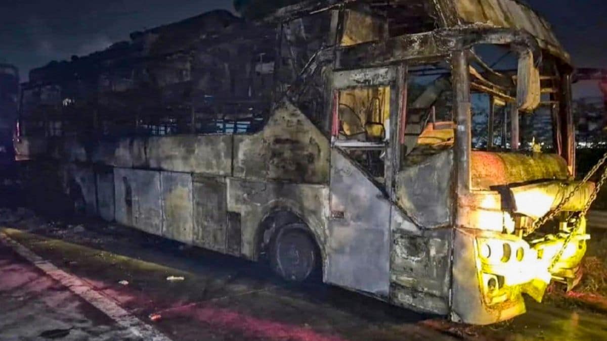 Charred remains of a sleeper bus after it caught fire on the Yamuna Expressway in the Greater Noida area, killing nine passengers, in Noida | PTI