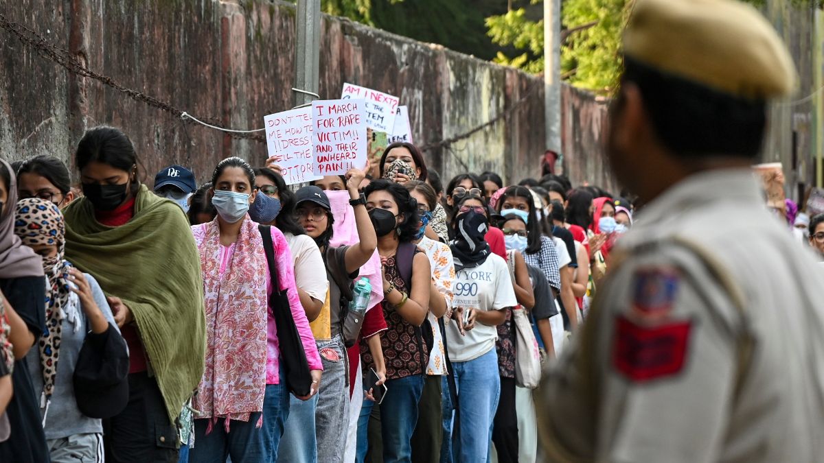 Lady Shri Ram College (LSR) students hold a solidarity march demanding enhanced safety measures following the alleged gang rape of a 17-year-old girl at nearby Aastha Kunj Park, in New Delhi | PTI
