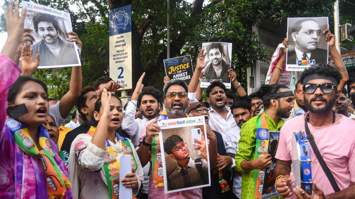 Vanchit Bahujan Aghadi (VBA) activists protest to demand a quick and fair investigation into the suicide case of IIT-Bombay student Sahil Wakode, outside the IIT-B Powai campus, in Mumbai, Maharashtra | PTI