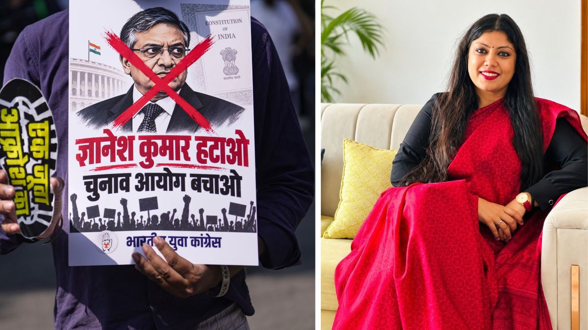 (L) Indian Youth Congress (IYC) member holds a placard during a protest against CEC Gyanesh Kumar, demanding his resignation at Raisina road, in New Delhi, (R) CEC's daughter Medha Roopam | PTI, X