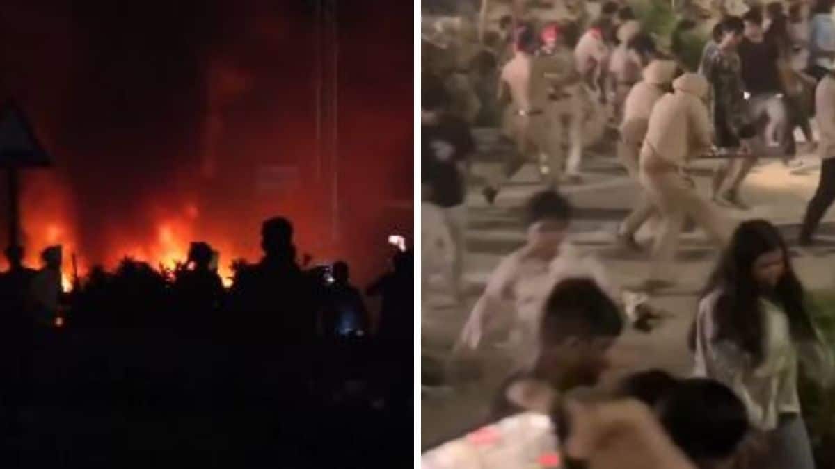 Vehicles set ablaze at LPU in Punjab. (Right) Police officials lathi charging protesters | X 