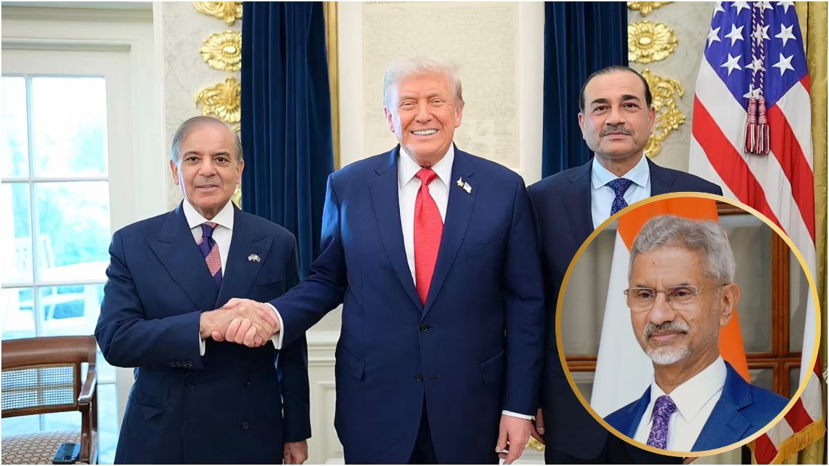 Pakistan's Prime Minister Shehbaz Sharif (L), Army Chief and Field Marshal Syed Asim Munir (R) posing with US President Donald Trump at White House; [Inset: S. Jaishankar]