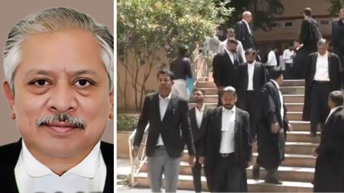 Rajasthan High Court Acting Chief Justice Sanjeev Prakash Sharma. (Right) Protest by a group of advocates outside his courtroom at the Jaipur bench | X 