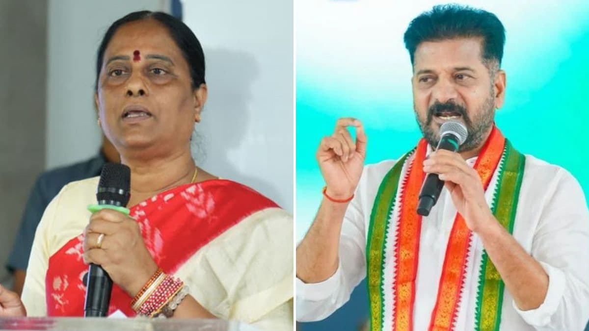 Telangana's outgoing Minister for Forest, Environment and Endowment, Konda Surekha (L) and CM A. Revanth Reddy (R) | ANI, PTI