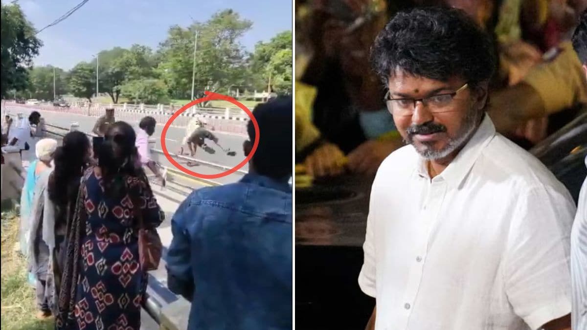 Visuals showing the security lapse (encircled) at the Chennai Secretariat (L); Tamil Nadu CM C. Joseph Vijay (R) | X, PTI