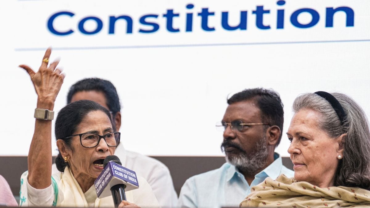 MAITC supremo Mamata Banerjee speaks during a press conference following the INDIA bloc coordination meeting regarding CEC Gyanesh Kumar and the SIR exercise as Parliamentary Party Chairperson Sonia Gandhi looks on | PTI