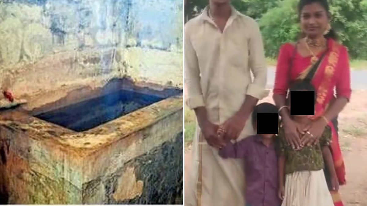 The water tank in which the kids were reportedly killed (L); A family photo of Nivedya, her husband, and their two kids that she confessed to killing (R) | Manorama