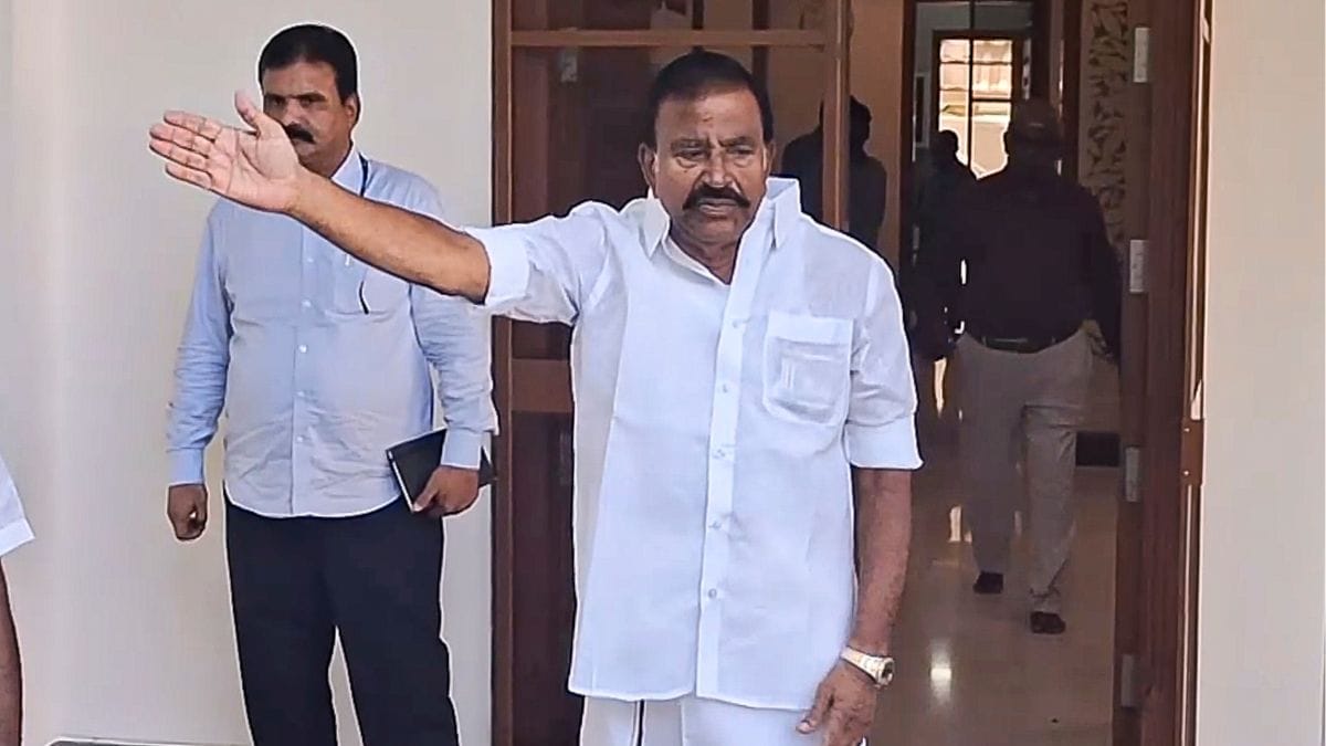 Former DMK minister K N Nehru interacts with the media during a search conducted by the Directorate of Vigilance and Anti-Corruption (DVAC) at his residence, in Tiruchirappalli, Tamil Nadu | PTI
