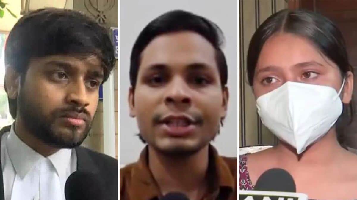 Rishav Ranjan (L), the counsel for the minor CJP protester (R) whose father, Sanjay Azad, was allegedly assaulted by self-style Hindutva influencer Swatantra Bhardwaj (centre) | ANI