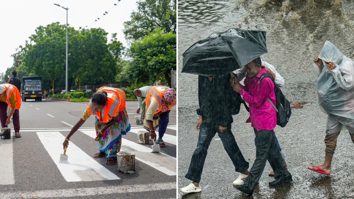 NDMC workers carry out beautification work at the India Gate circle ahead of the 18th BRICS Summit (L) and a representative image of people walking in the rain in Delhi's Azadpur area on September 6 (R) | PTI
