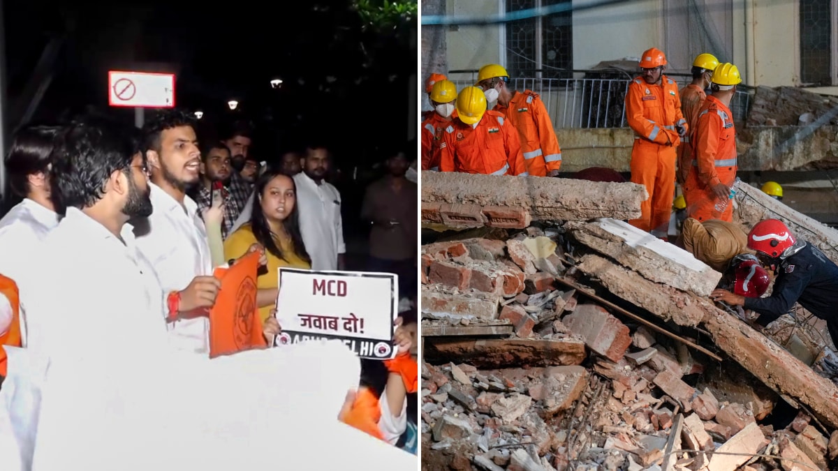 ABVP members stage a protest near the MCD office at Delhi's Civic Centre (L); NDRF, fire department officials during a rescue operation at the site of a hostel building collapse in Delhi's Satya Niketan (R) | PTI