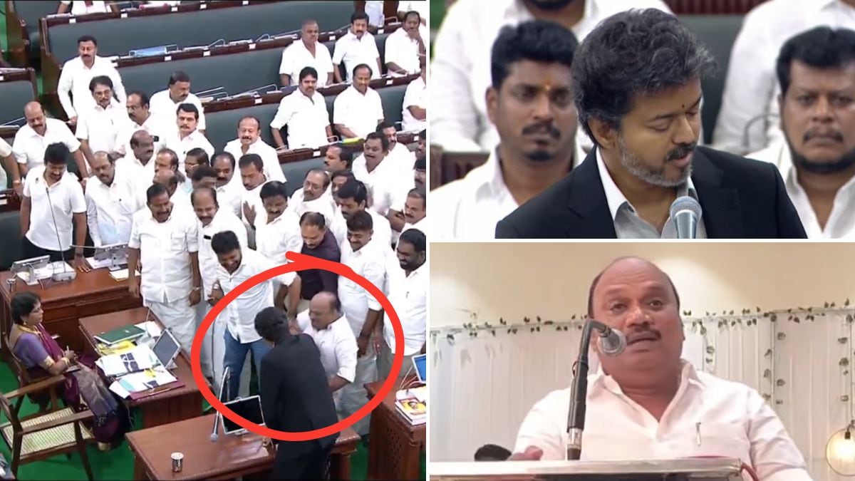 Tamil Nadu CM C.Joseph Vijay (top right) helps DMK MLA Durai Chandrasekaran (bottom right) in the Assembly on September 7, 2026; (encircled) A screengrab from a viral video showing the gesture | ANI, X