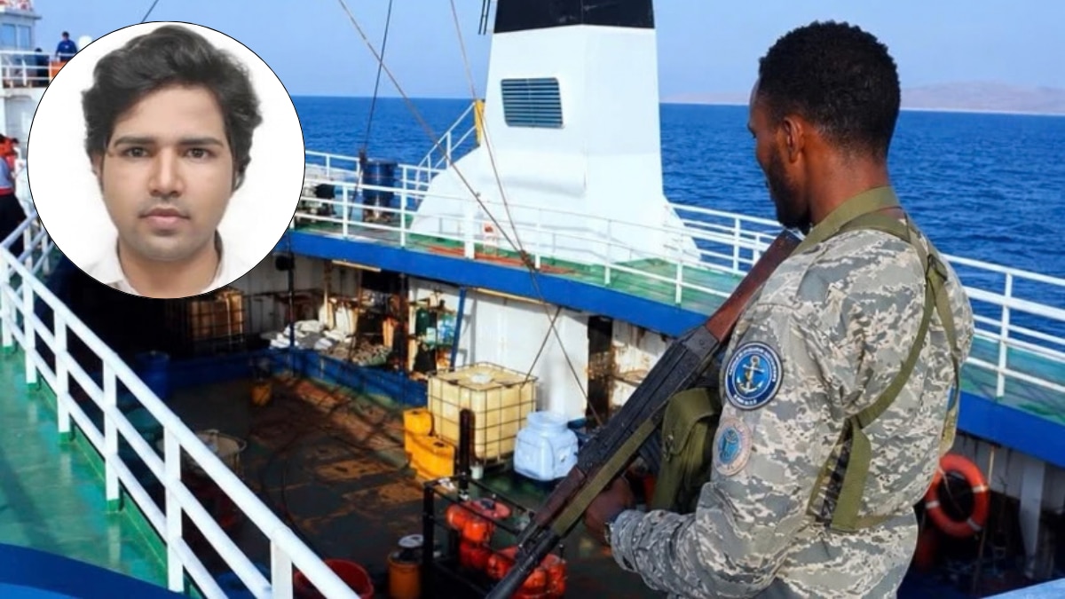 An officer of the Puntland Maritime Police Force (PMPF) takes control of the oil tanker 'Honour 25'; (inset) Mohammed Tanweeruz Zaman, the Indian seafarer killed by Somali pirates | X/@FSUIINDIA, Facebook