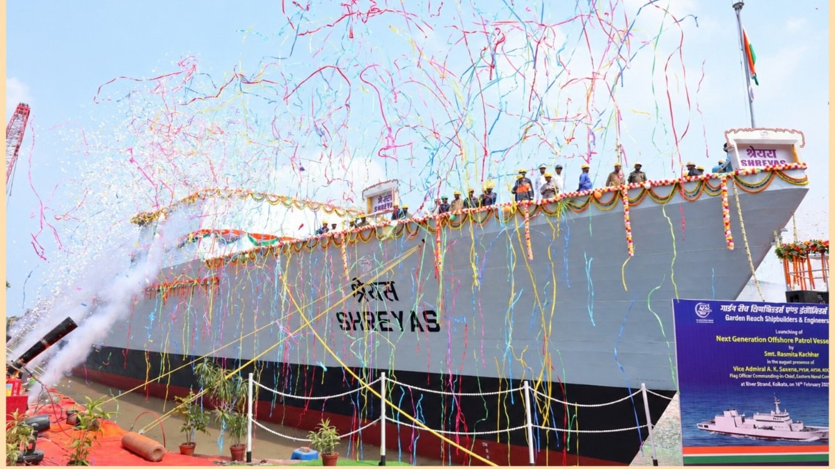 GRSE launches the third of four Next Generation Offshore Patrol Vessels (NGOPVs), named 'Shreyas', on October 10 | X/@OfficialGRSE