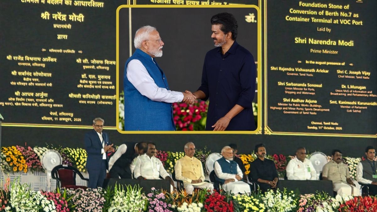 From the event in Chennai on Sunday, where Prime Minister Modi was accompanied by Tamil Nadu Chief Minister C. Joseph Vijay (inset), Governor Rajendra Vishwanath Arlekar and other ministers | VOCPA