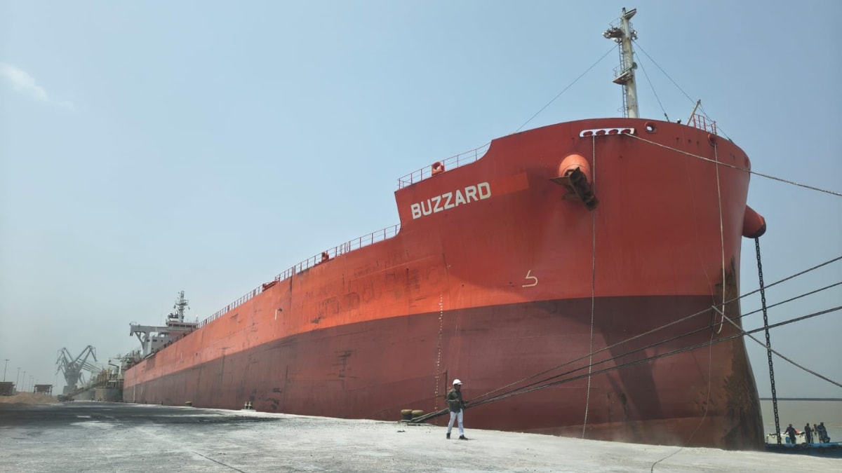 The bulk carrier 'Buzzard' at the Deendayal Port in Gujarat | X/@ANI