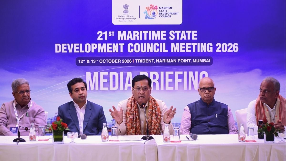 Union Minister for Ports, Shipping and Waterways Sarbananda Sonowal, centre, addresses the 21st Maritime State Development Council (MSDC) meeting in the presence of Maharashtra Ports Development Minister Nitesh Rane, Gujarat Finance Minister Kanubhai Desai, Goa Ports Minister Digambar Kamat and other dignitaries, in Mumbai on Oct. 13, 2026 | PTI