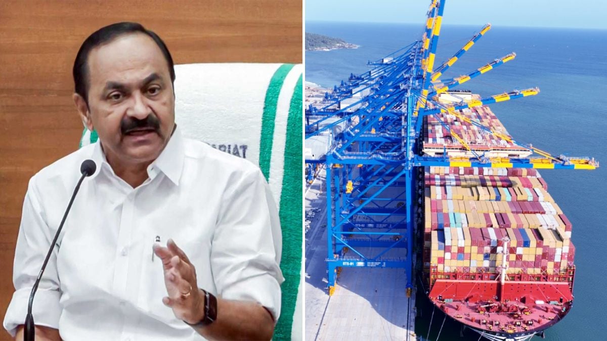 Kerala CM V.D. Satheesan (L) and a representative image of the Vizhinjam Port (R) | ANI, APSEZ