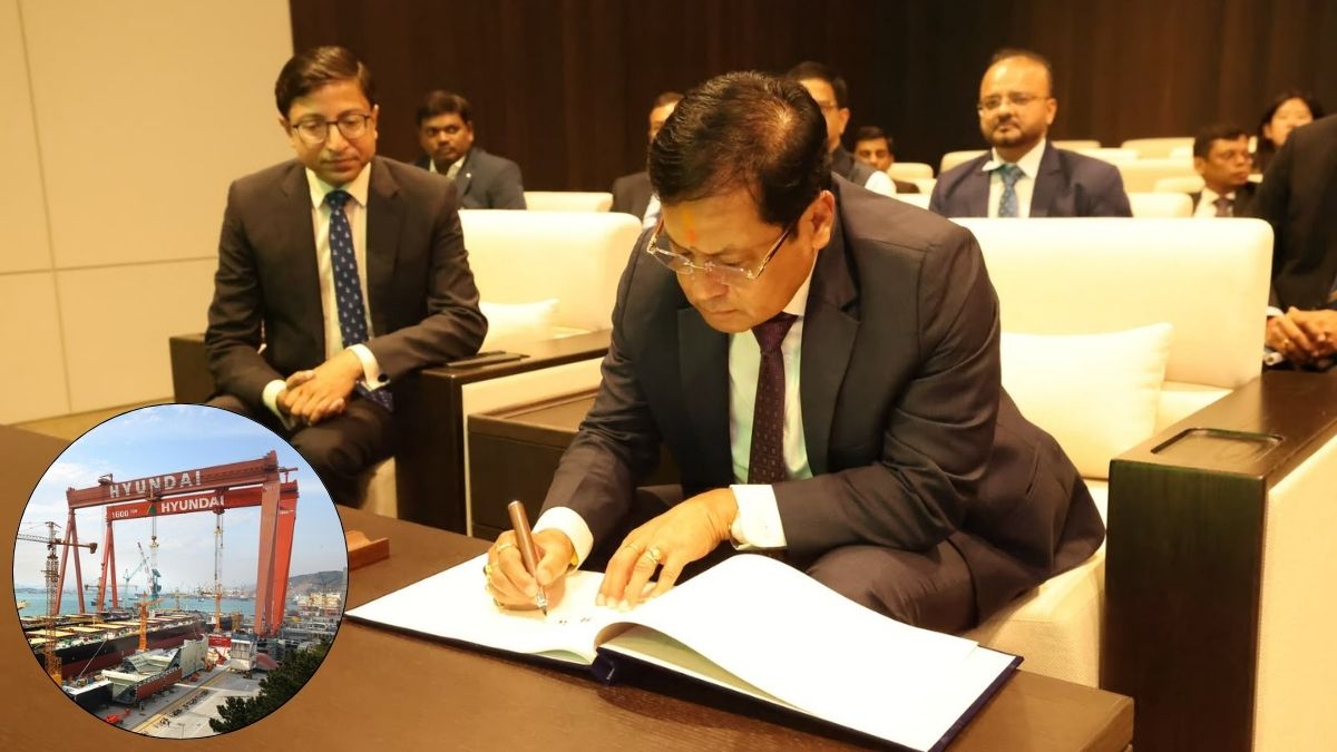 Union Minister for Ports, Shipping and Waterways, Sarbananda Sonowal, in South Korea as part of a 4-day visit to boost maritime cooperation between the two nations; (inset) A ship being built at the HD Hyundai shipyard in South Korea's Ulsan | X, HD Hyundai
