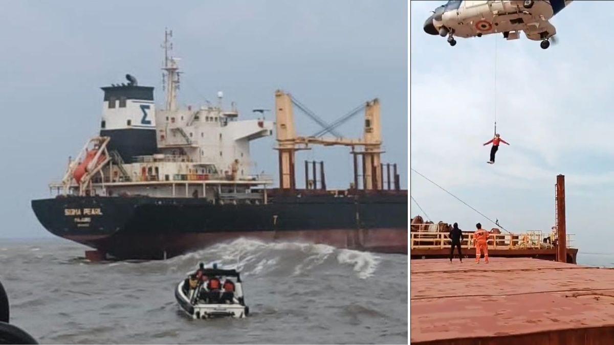 Visuals from the Indian Coast Guard rescue operation for crew members of the 'Sigma Pearl' | X/@Def_PRO_Chennai