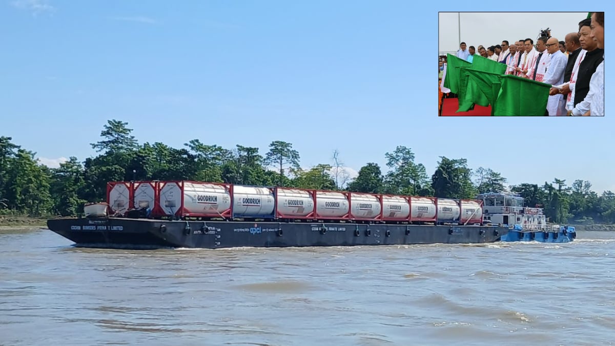 Representative image of the barge 'DLB Patkai' travelling along the Brahmaputra River (National Waterway-2); (inset) Ministers and other officials flag off the 'DLB Patkai' | X/@PIB_ShipMin