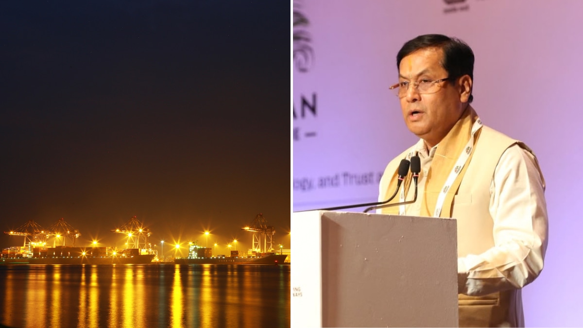 Representative image of a port at night (L) and Union Minister for Ports, Shipping and Waterways (MoPSW), Sarbananda Sonowal, at Sagarmanthan 2026 (R) | X