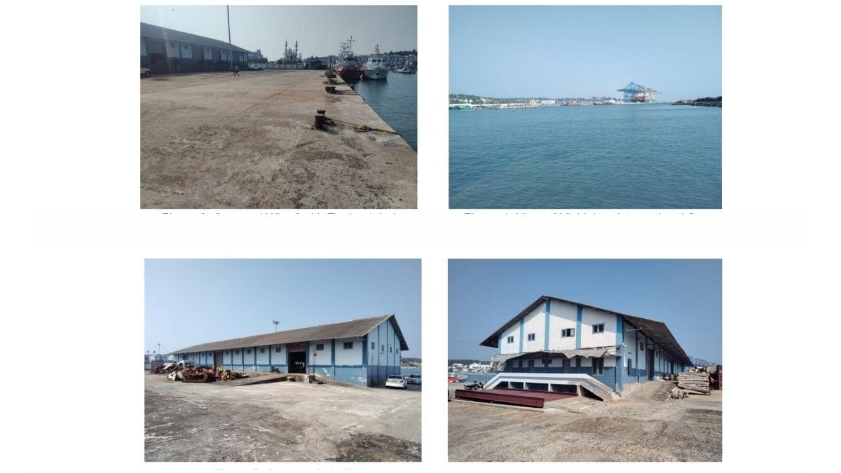 From the tender document: Vizhinjam minor port seaward wharf (top left), view of transhipment port from minor port (top right), and godown (bottom) | KMB