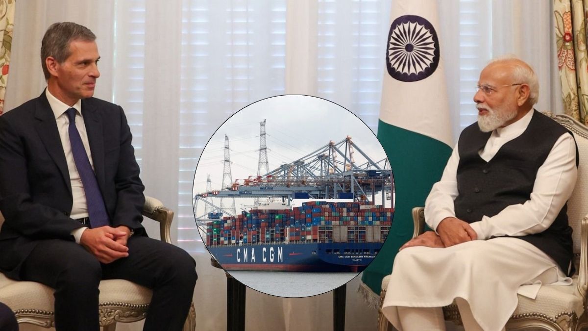 CMA CGM Chairman and CEO, Rodolphe Saadé (L) in conversation with with PM Narendra Modi (R); (inset) A representative image of a CMA CGM container ship | X, Reuters